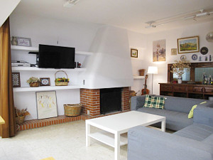 Salón con rincón del sofá, TV y chimenea